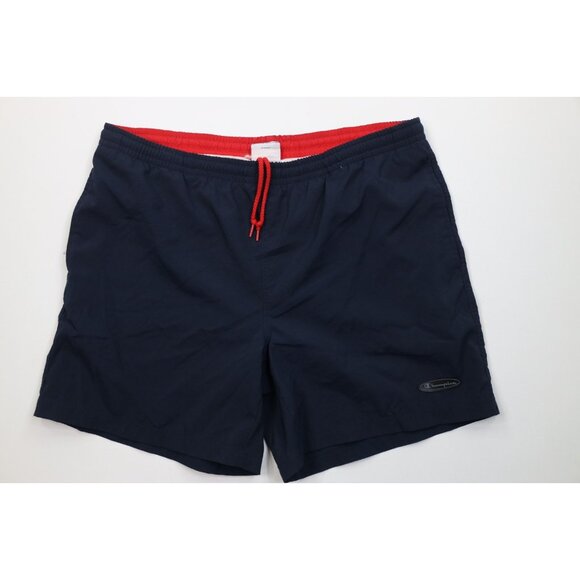 Vintage 90s Champion Mens XL Spell Out Lined Above Knee Shorts Swim Trunks Blue - Picture 1 of 12
